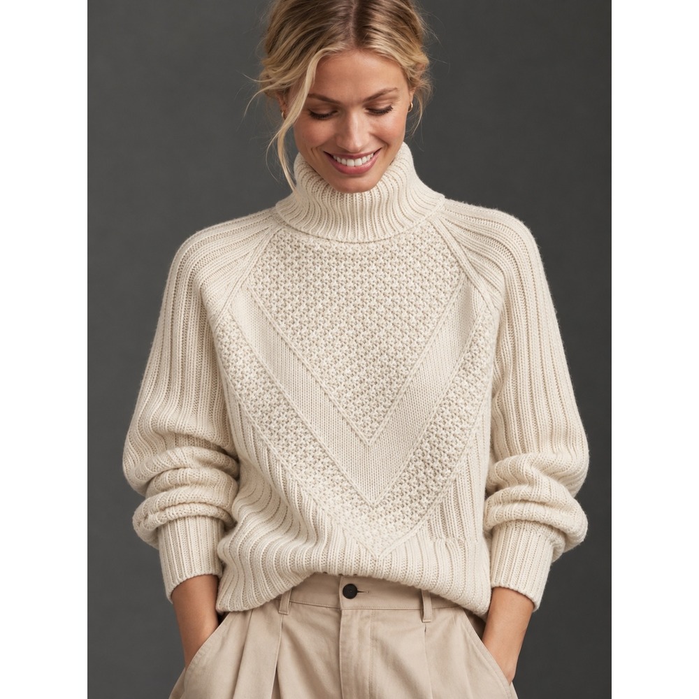 Banana Republic Alpaca Merino Wool Blend Chunky Knit Turtleneck Sweater Cream S